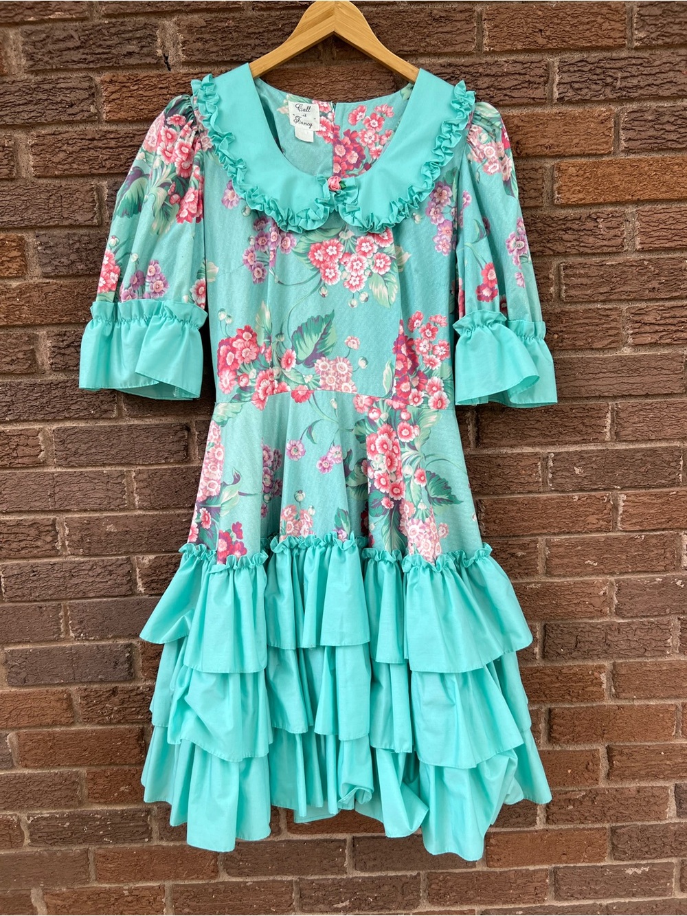 80s vintage blue & floral Fit & Flair ruffle dress in turquoise Size 10